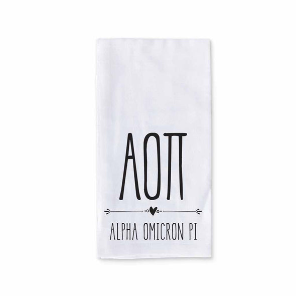 Alpha Omicron Pi sorority name and letters custom printed with boho style design on white cotton kitchen towel.