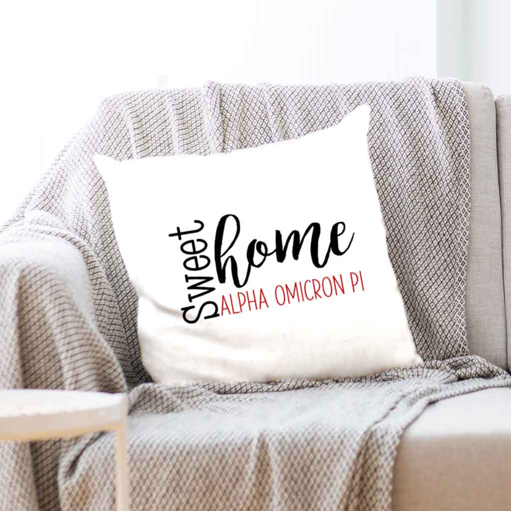 Alpha O sorority name with stylish sweet home design custom printed on white or natural cotton throw pillow cover.