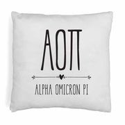 Alpha Omicron Pi sorority name and letters in boho style design digitally printed on throw pillow cover.