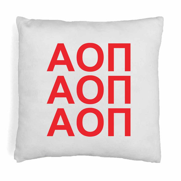 Alpha Omicron Pi sorority letters digitally printed in sorority colors on throw pillow cover.