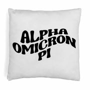 Alpha Omicron Pi sorority name in mod style design digitally printed on throw pillow cover.