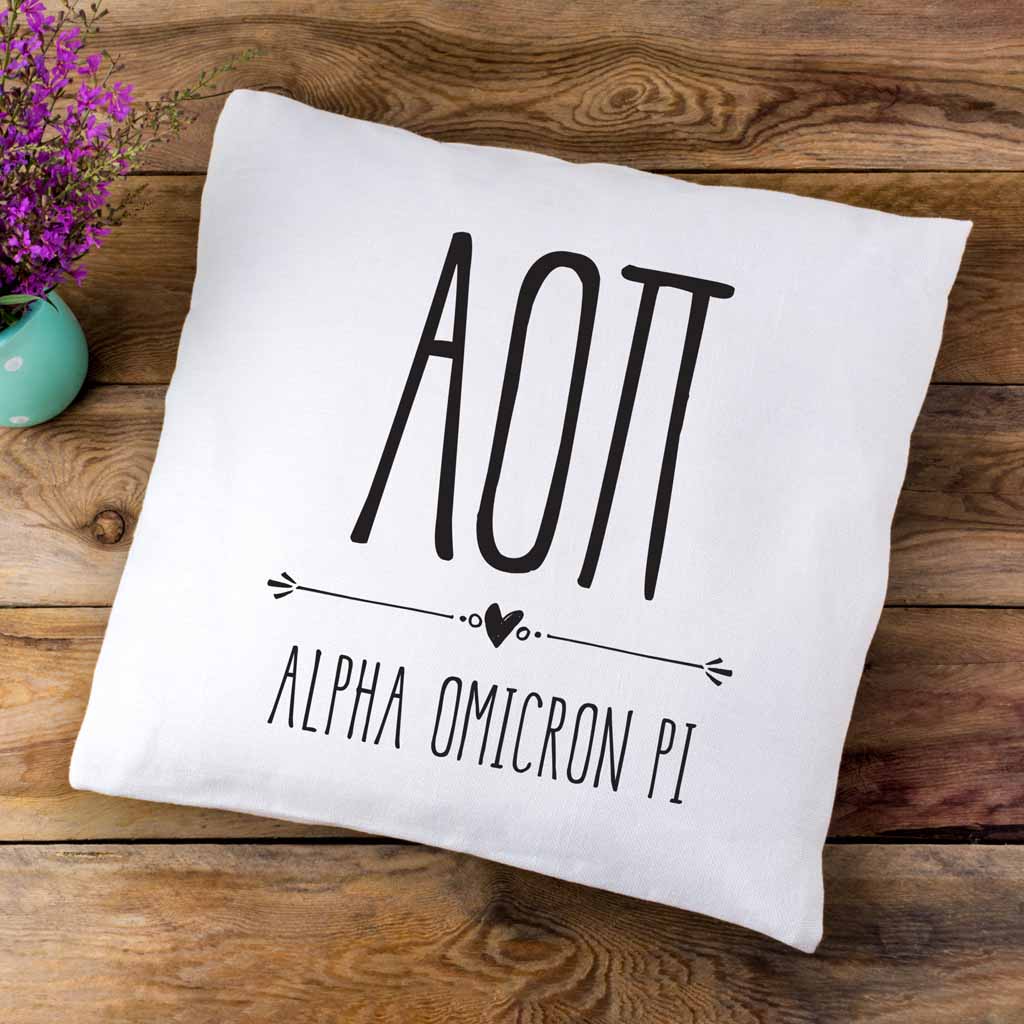 Alpha O sorority letters and name in boho style design custom printed on white or natural cotton throw pillow cover.