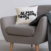 AOP sorority name in mod style design custom printed on white or natural cotton throw pillow cover.