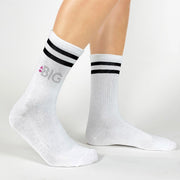 Big digitally printed with greek letters on black striped white cotton crew socks.