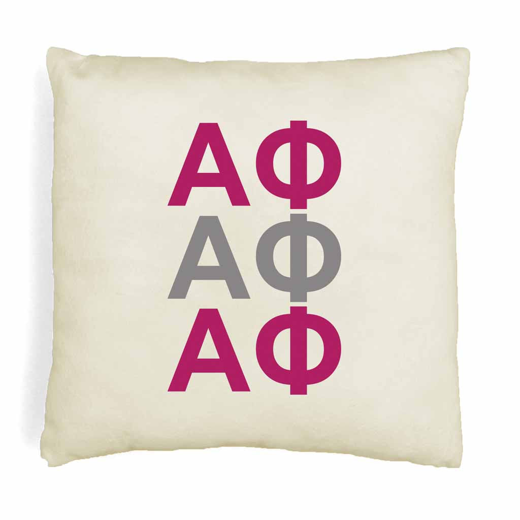 Alpha Phi sorority letters digitally printed in sorority colors on throw pillow cover.