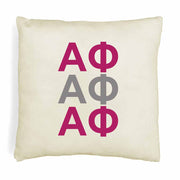 Alpha Phi sorority letters digitally printed in sorority colors on throw pillow cover.