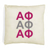 Alpha Phi sorority letters digitally printed in sorority colors on throw pillow cover.