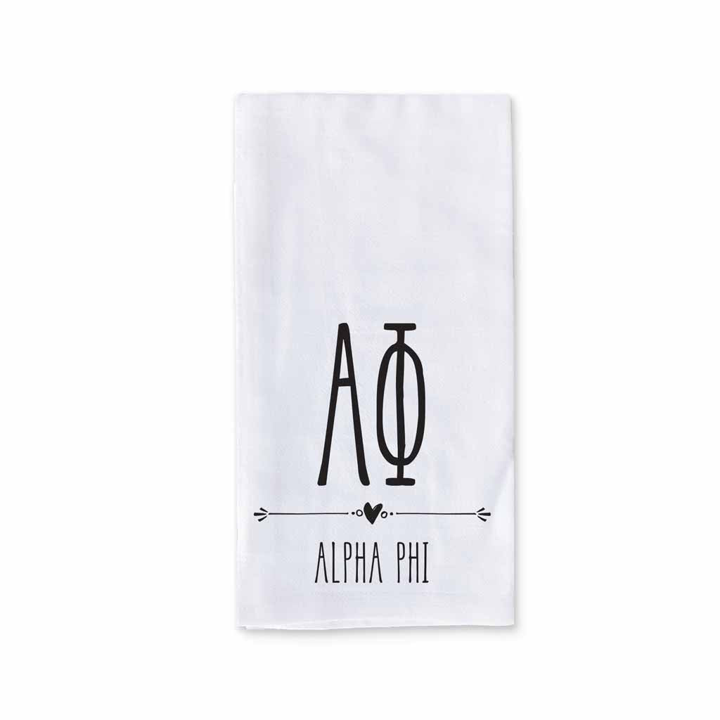 Alpha Phi sorority name and letters digitally printed on cotton dishtowel with boho style design.
