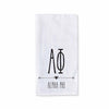 Alpha Phi sorority name and letters custom printed with boho style design on white cotton kitchen towel.