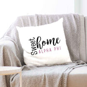 Alpha Phi sorority name with stylish sweet home design custom printed on white or natural cotton throw pillow cover.