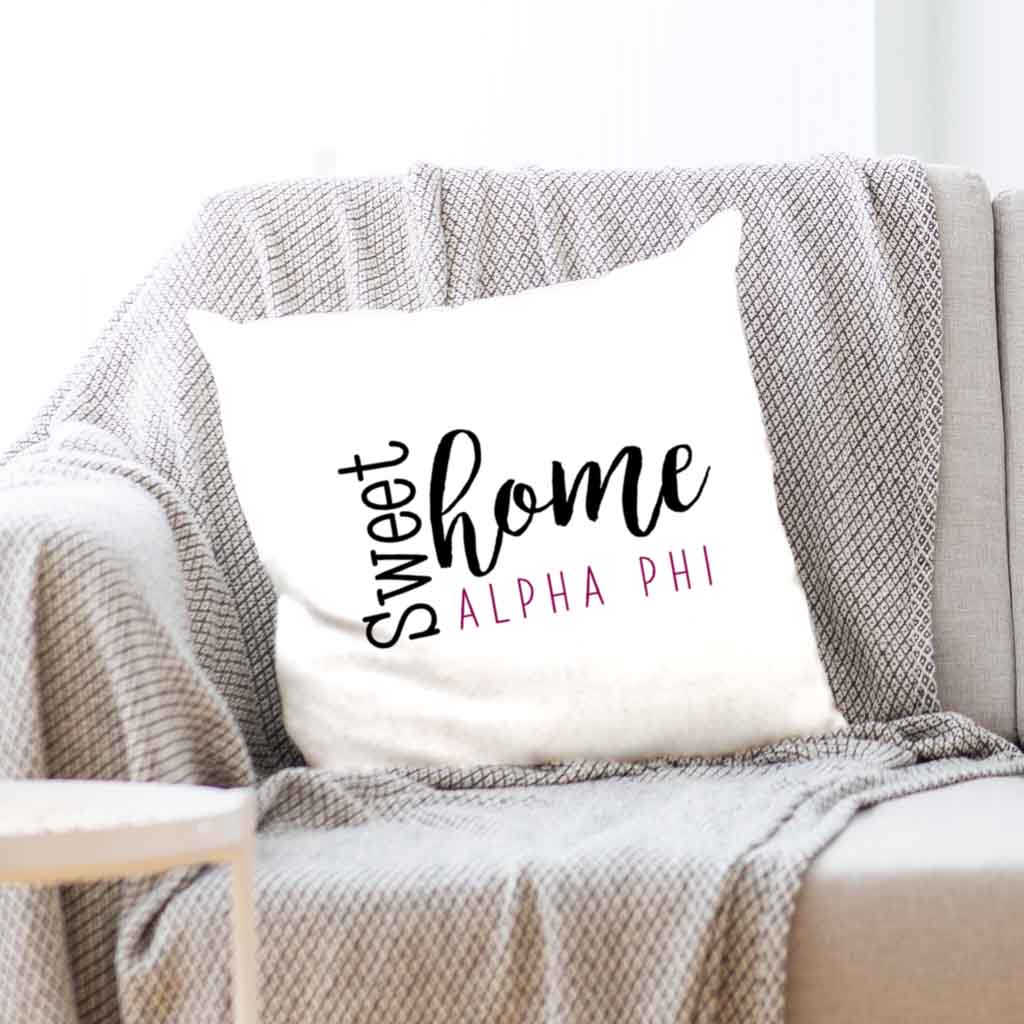 Alpha Phi sorority name with stylish sweet home design custom printed on white or natural cotton throw pillow cover.