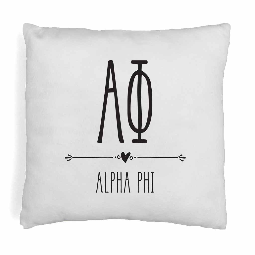 Alpha Phi sorority name and letters in boho style design digitally printed on throw pillow cover.