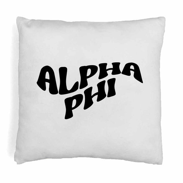 Alpha Phi sorority name in mod style design digitally printed on throw pillow cover.