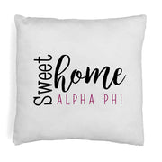 Alpha Phi sorority name in sweet home design digitally printed on throw pillow cover.