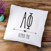 Alpha Phi sorority letters and name in boho style design custom printed on white or natural cotton throw pillow cover.