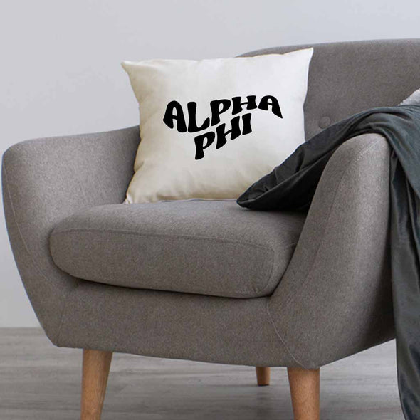 AP sorority name in mod style design custom printed on white or natural cotton throw pillow cover.