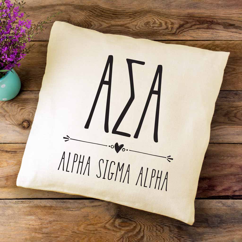 Alpha Sigma Alpha sorority letters and name in boho style design custom printed on white or natural cotton throw pillow cover.