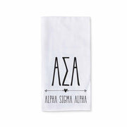 Alpha Sigma Alpha sorority name and letters digitally printed on cotton dishtowel with boho style design.