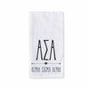 Alpha Sigma Alpha sorority name and letters custom printed with boho style design on white cotton kitchen towel.