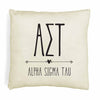 Alpha Sigma Tau sorority letters and name in boho style design custom printed on white or natural cotton throw pillow cover.