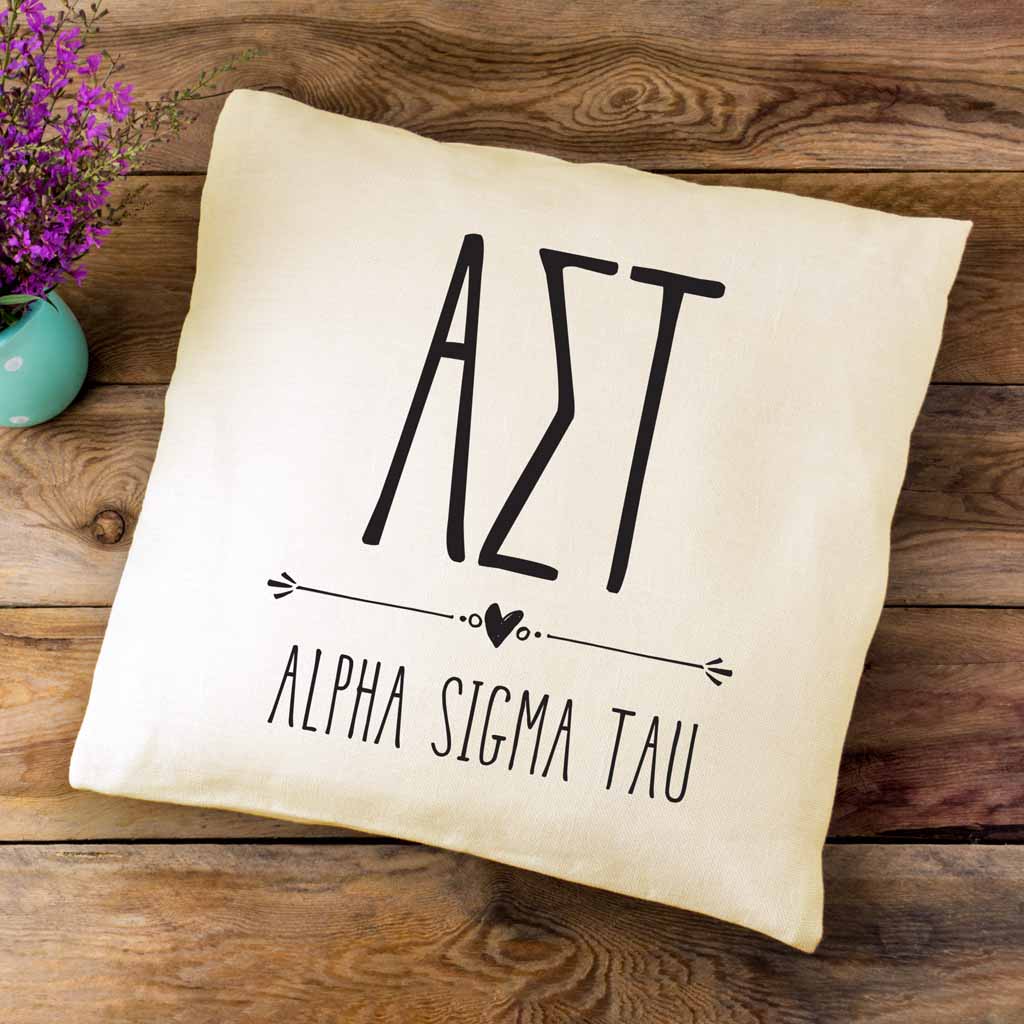 Alpha Sigma Tau sorority letters and name in boho style design custom printed on white or natural cotton throw pillow cover.