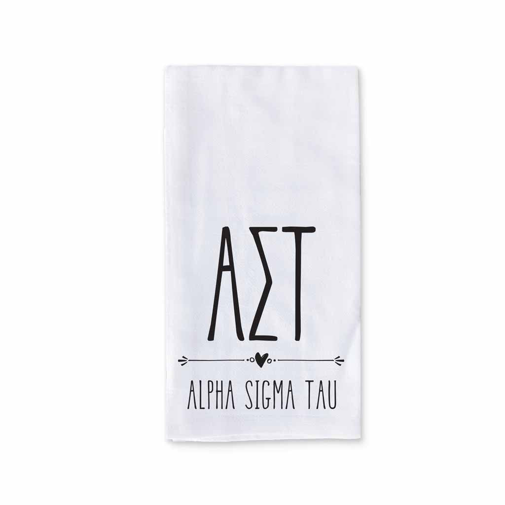 Alpha Sigma Tau sorority name and letters custom printed with boho style design on white cotton kitchen towel.