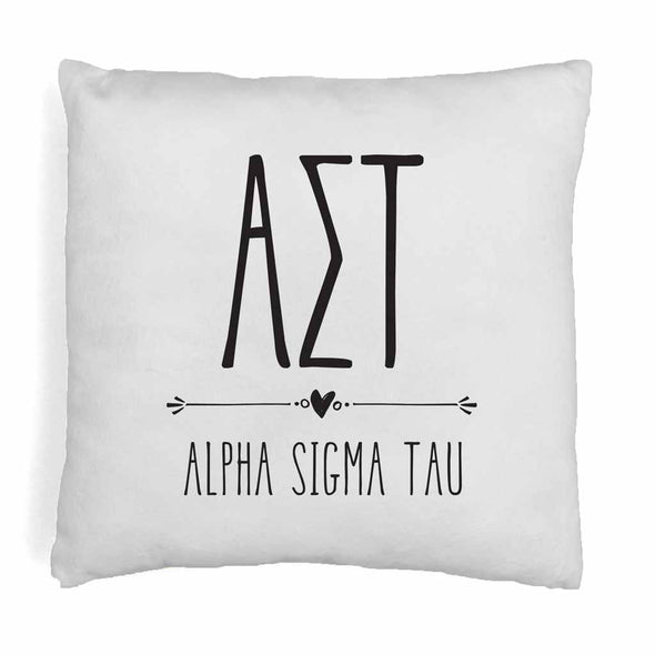 Alpha Sigma Tau sorority name and letters in boho style design digitally printed on throw pillow cover.