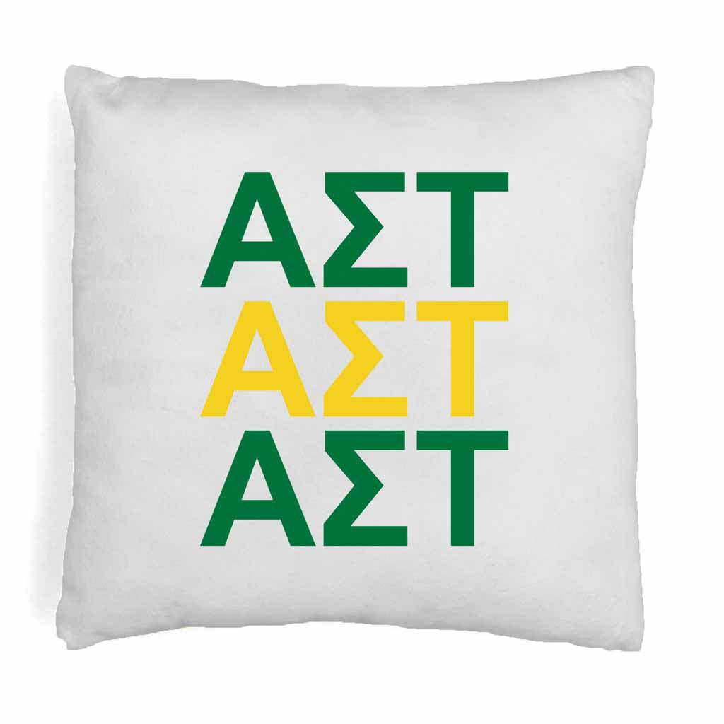 Alpha Sigma Tau sorority letters x3 in sorority colors custom printed on white or natural cotton throw pillow cover.