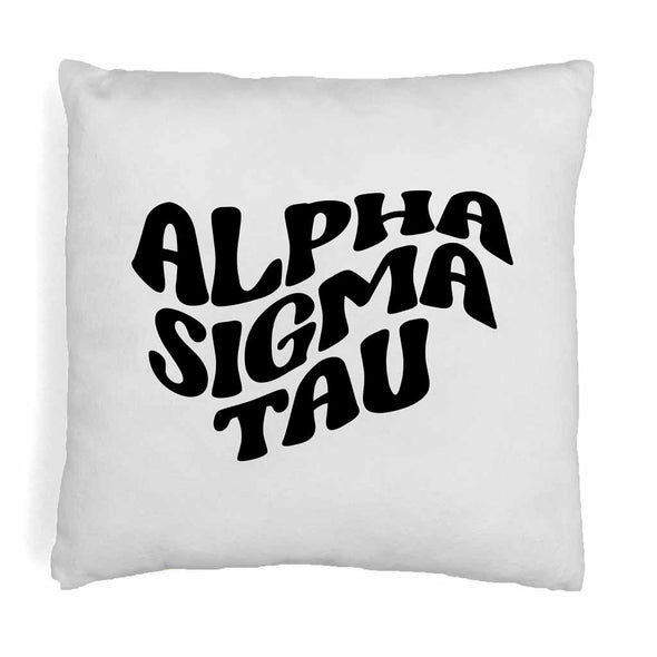Alpha Sigma Tau sorority name in mod style design digitally printed on throw pillow cover.