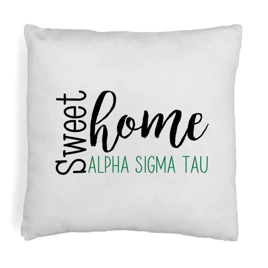 Alpha Sigma Tau sorority name in sweet home design digitally printed on throw pillow cover.