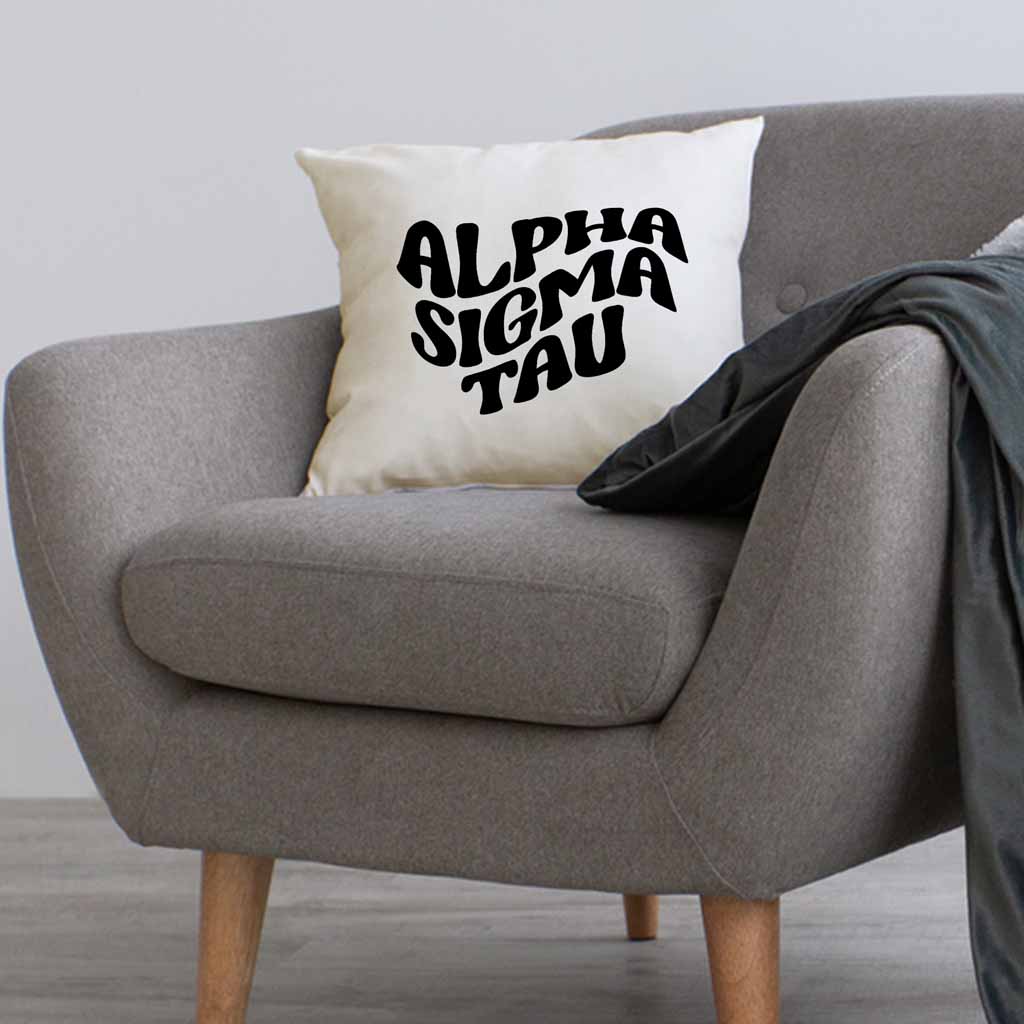 AST sorority name in mod style design custom printed on white or natural cotton throw pillow cover.