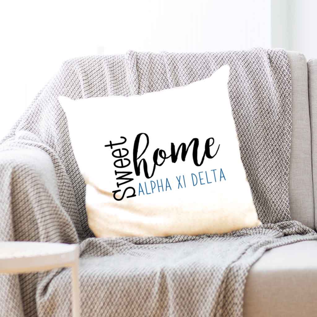 Alpha Xi Delta sorority name with stylish sweet home design custom printed on white or natural cotton throw pillow cover.