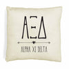 Alpha Xi Delta sorority letters and name in boho style design custom printed on white or natural cotton throw pillow cover.