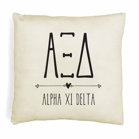 Alpha Xi Delta sorority letters and name in boho style design custom printed on white or natural cotton throw pillow cover.