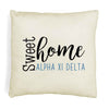Alpha Xi Delta sorority name in sweet home design digitally printed on throw pillow cover.