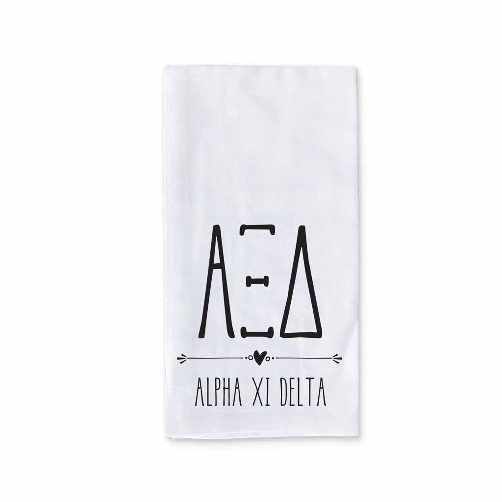 Alpha Xi Delta sorority name and letters digitally printed on cotton dishtowel with boho style design.