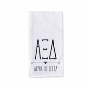 Alpha Xi Delta sorority name and letters custom printed with boho style design on white cotton kitchen towel.