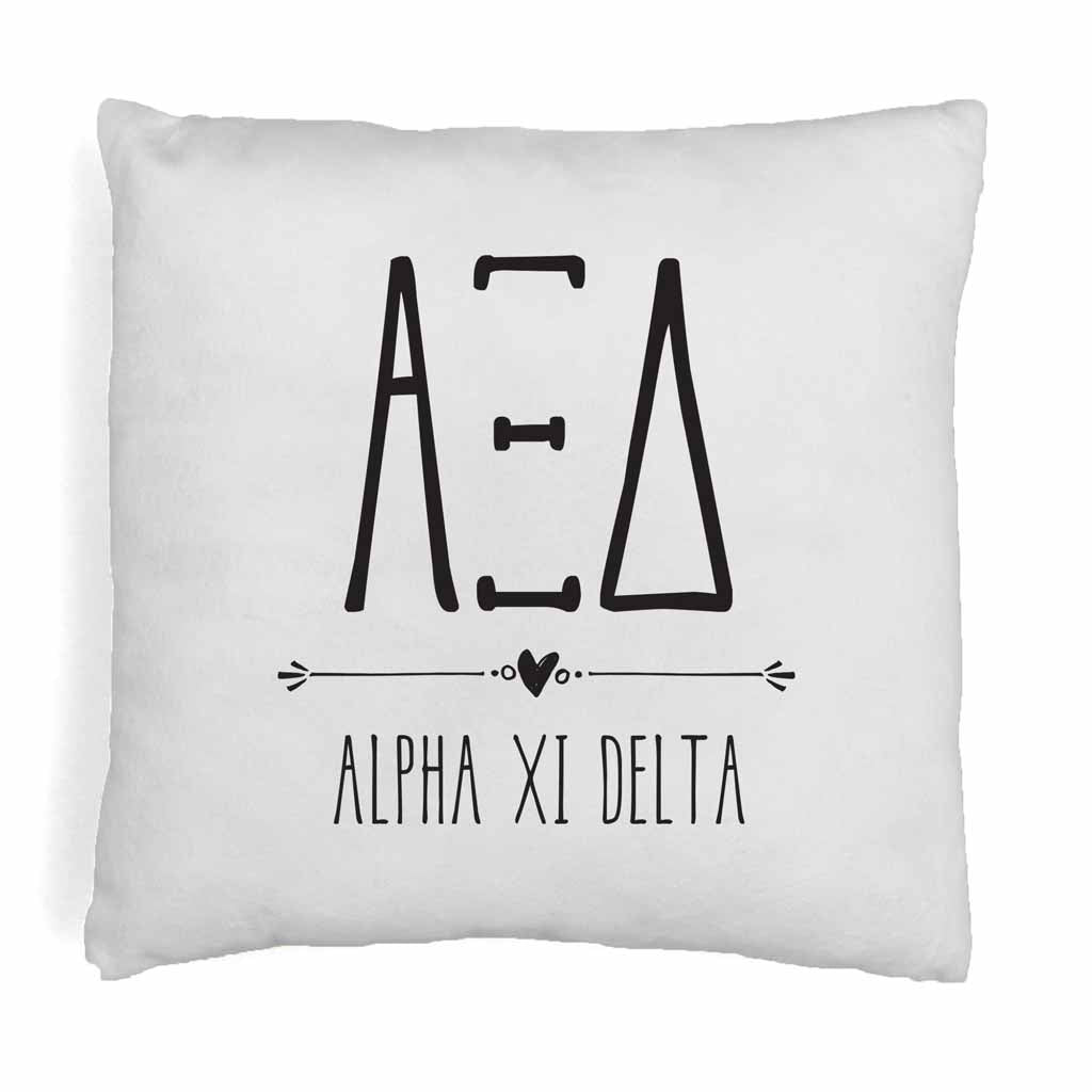 Alpha Xi Delta sorority name and letters in boho style design digitally printed on throw pillow cover.