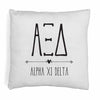 Alpha Xi Delta sorority name and letters in boho style design digitally printed on throw pillow cover.