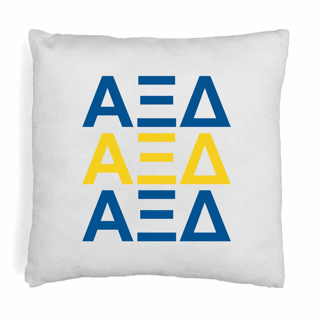 Alpha Xi Delta sorority letters x3 in sorority colors custom printed on white or natural cotton throw pillow cover.