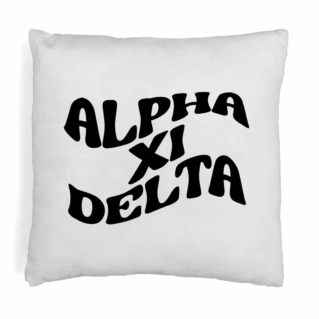 Alpha Xi Delta sorority name in mod style design digitally printed on throw pillow cover.