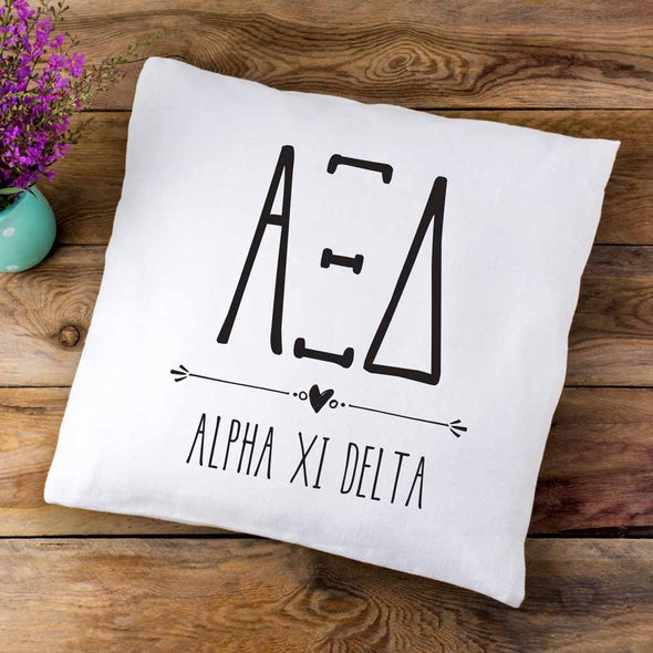 Alpha Xi Delta sorority letters and name in boho style design custom printed on white or natural cotton throw pillow cover.