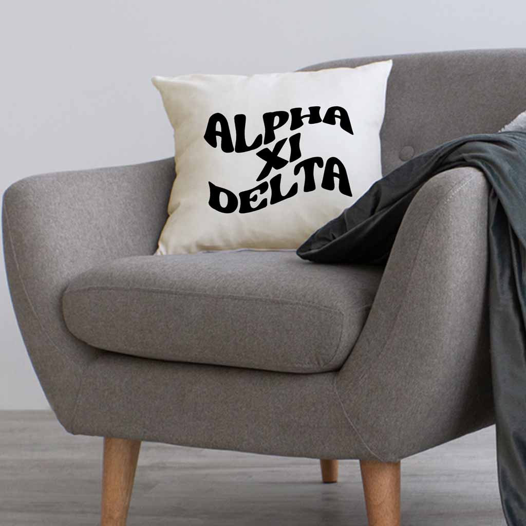 AXID sorority name in mod style design custom printed on white or natural cotton throw pillow cover.