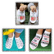 Alpha Chi Omega sorority footie socks with Greek letters and sorority floral design sold as a 3 pair gift set