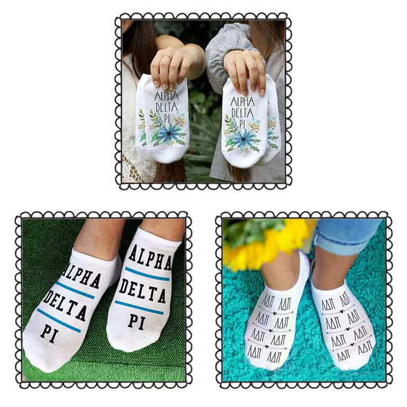 Alpha Delta Pi sorority footie socks with Greek letters and sorority floral design sold as a 3 pair gift set