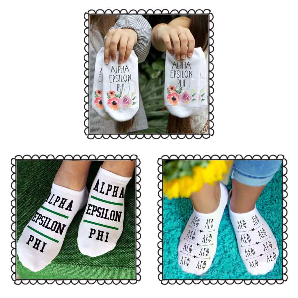 Alpha Epsilon Phi sorority no show socks with Greek letters and sorority floral design sold as a 3 pair sock bundle