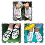 Alpha Epsilon Phi sorority no show socks with Greek letters and sorority floral design sold as a 3 pair sock bundle