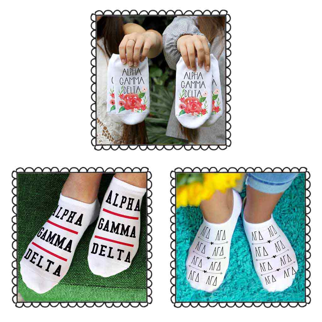 Alpha Gamma Delta sorority footie socks with Greek letters and sorority floral design sold as a 3 pair gift set
