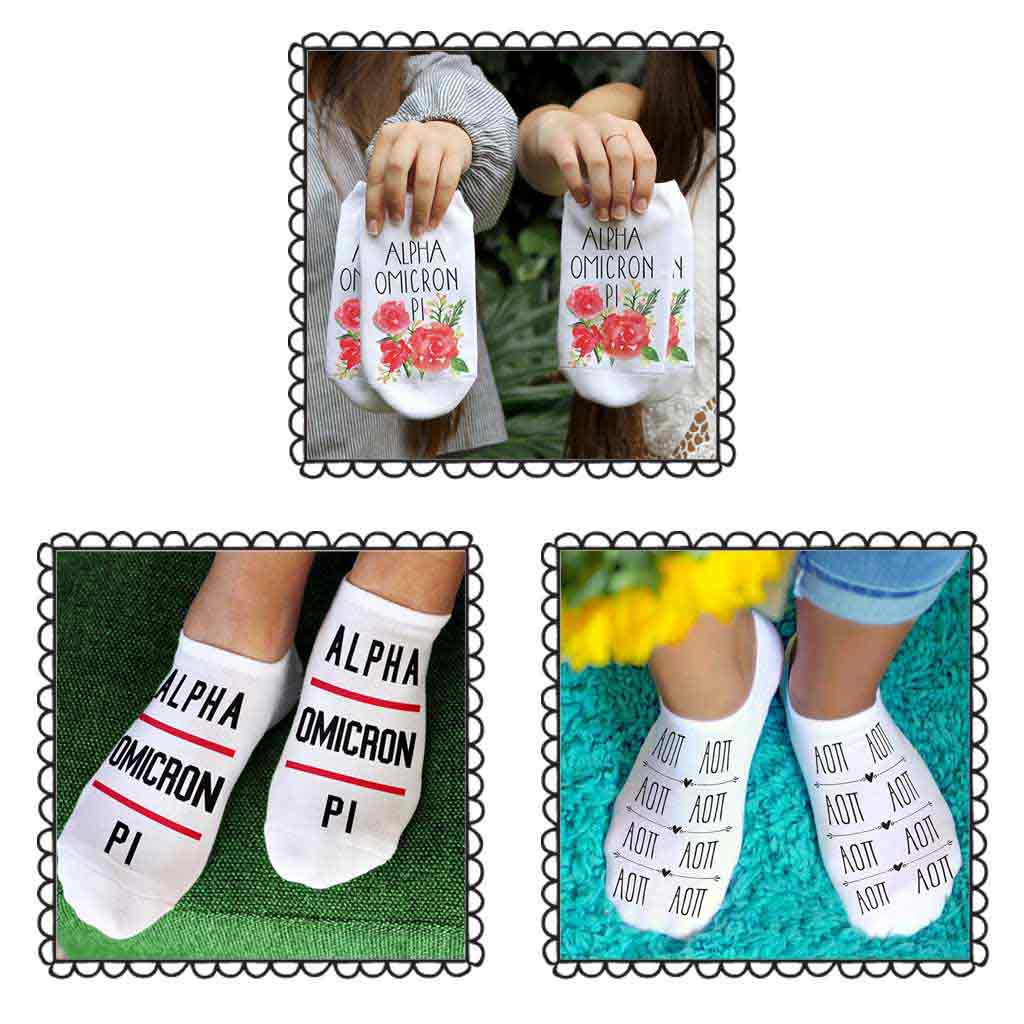 Alpha Omicron Pi sorority no show footie socks with Greek letters and sorority floral design sold as a 3 pair gift set