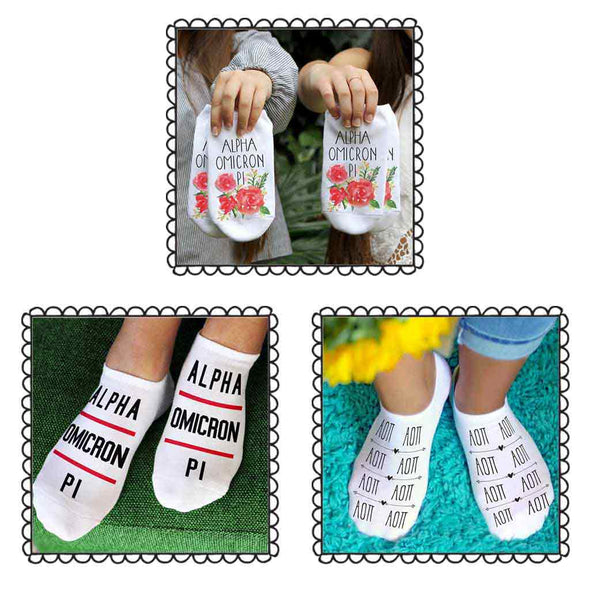 Alpha Omicron Pi sorority no show footie socks with Greek letters and sorority floral design sold as a 3 pair gift set